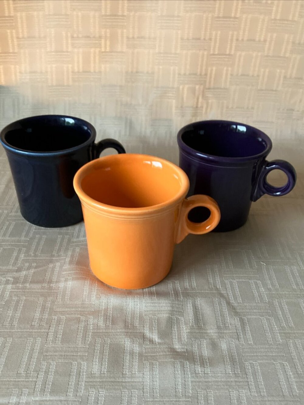 Set of Three Fiesta Blu Purpl Orang O-Ring Handle Coffee Mugs USA Homer Laughlin